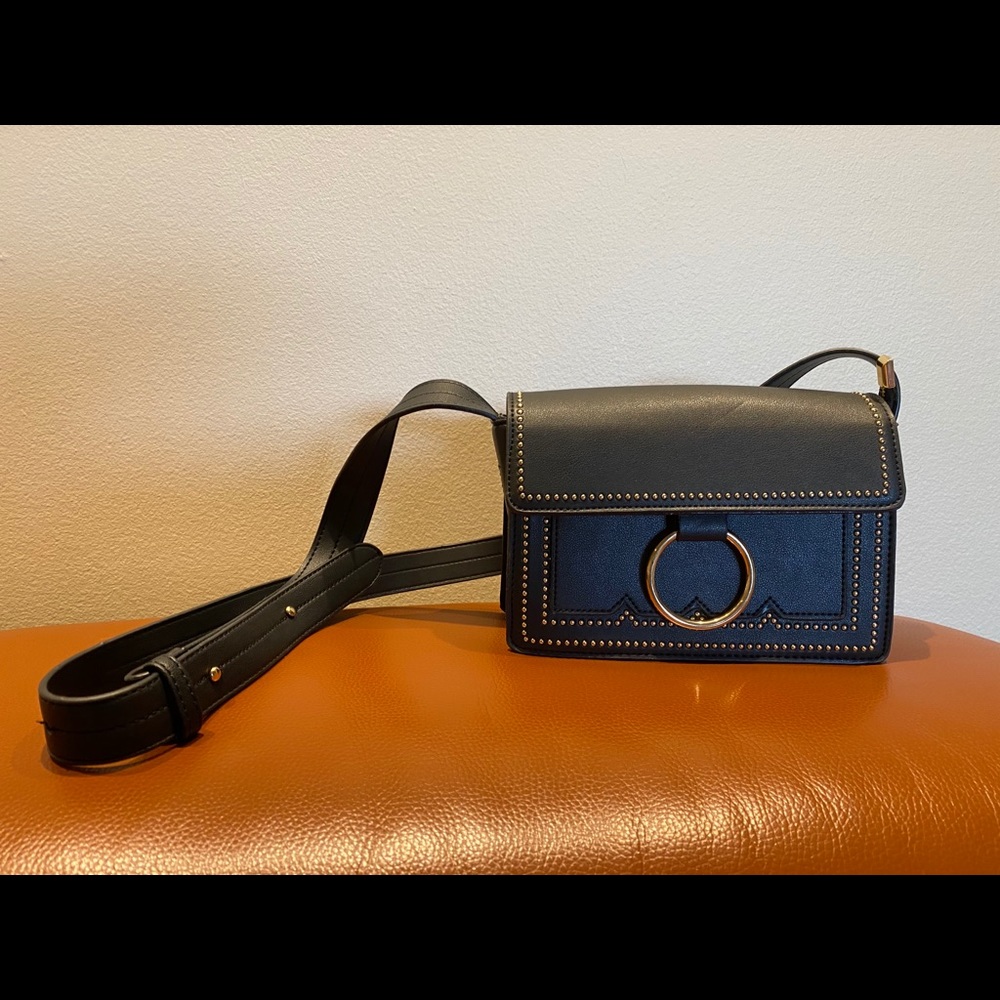 Melie Bianco Embellished Black Leather Crossbody